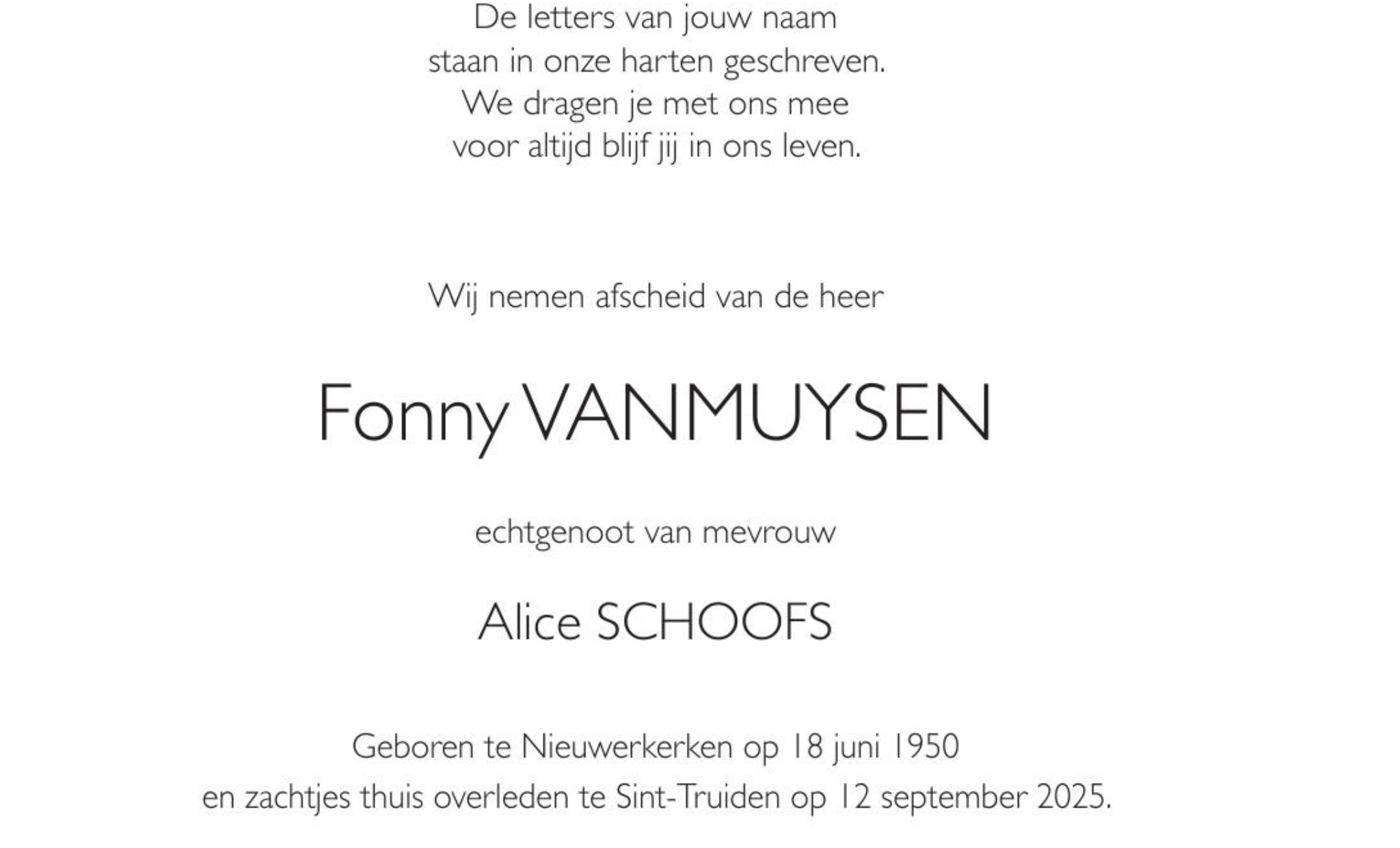 Overlijdensbericht van Fonny VANMUYSEN