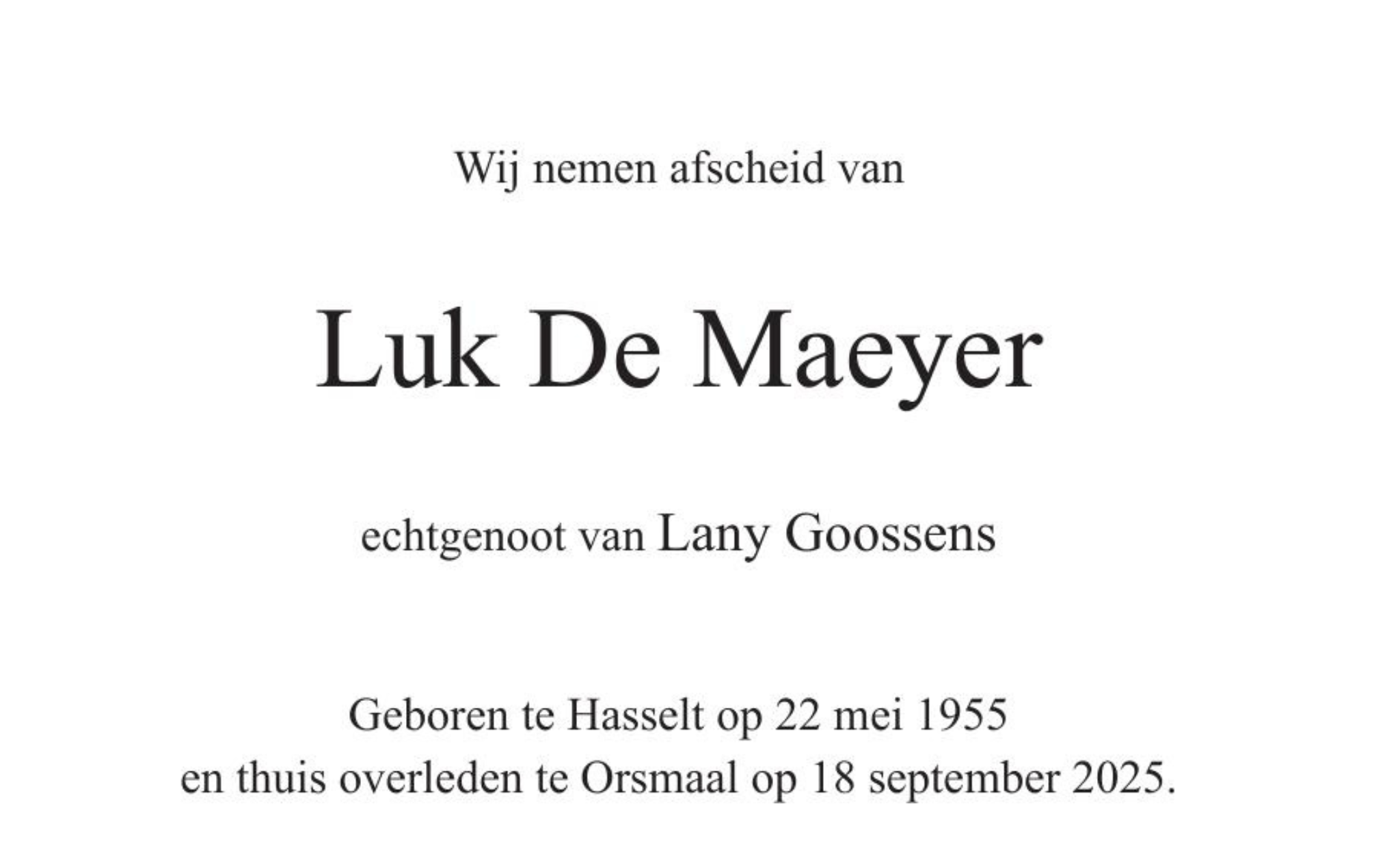 Overlijdensbericht van Luk De Maeyer