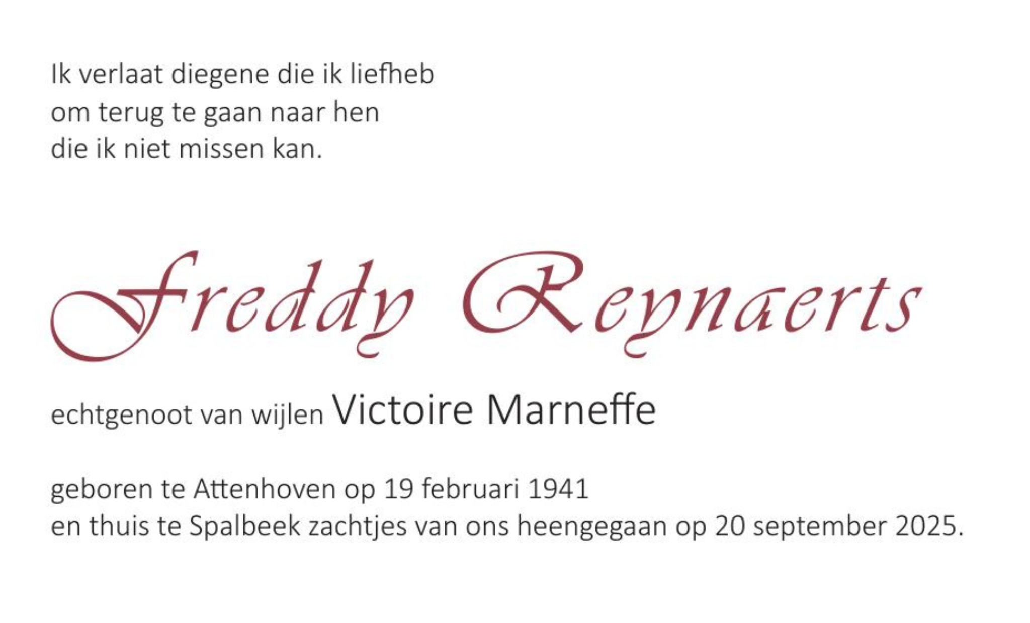 Overlijdensbericht van Freddy Reynaerts