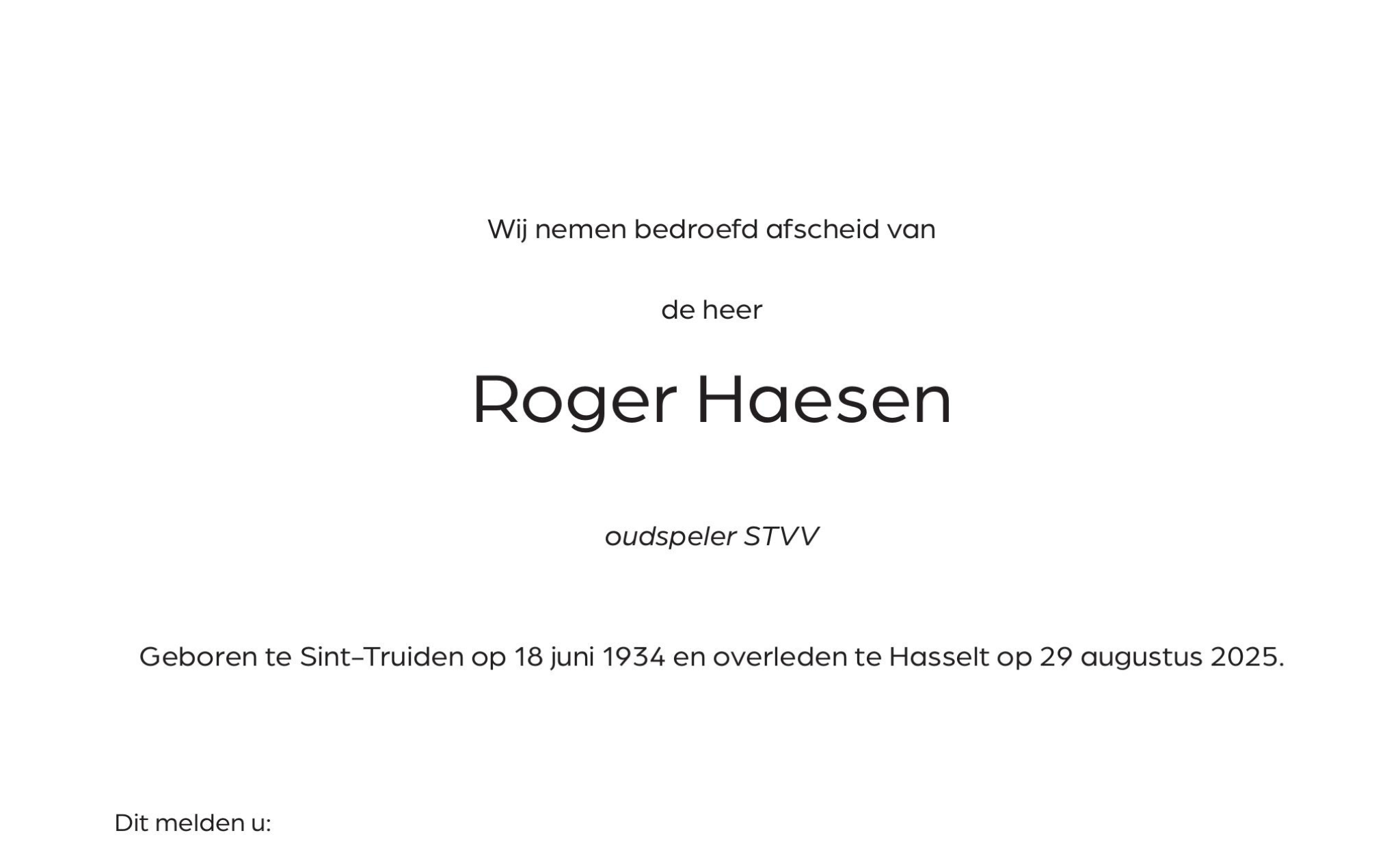 Overlijdensbericht van Roger Haesen