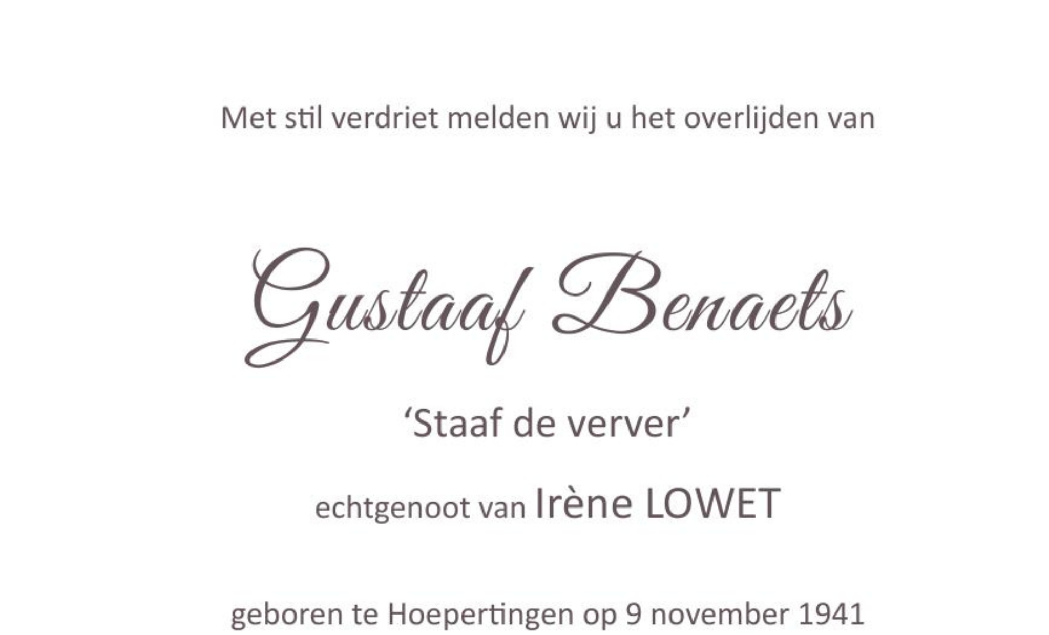 Overlijdensbericht van Gustaaf Benaets
