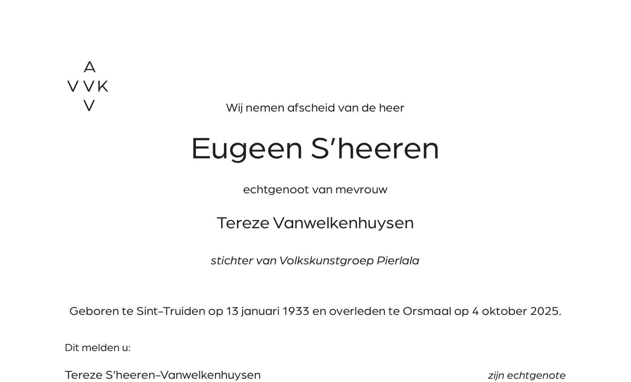 Overlijdensbericht van Eugeen S’heeren
