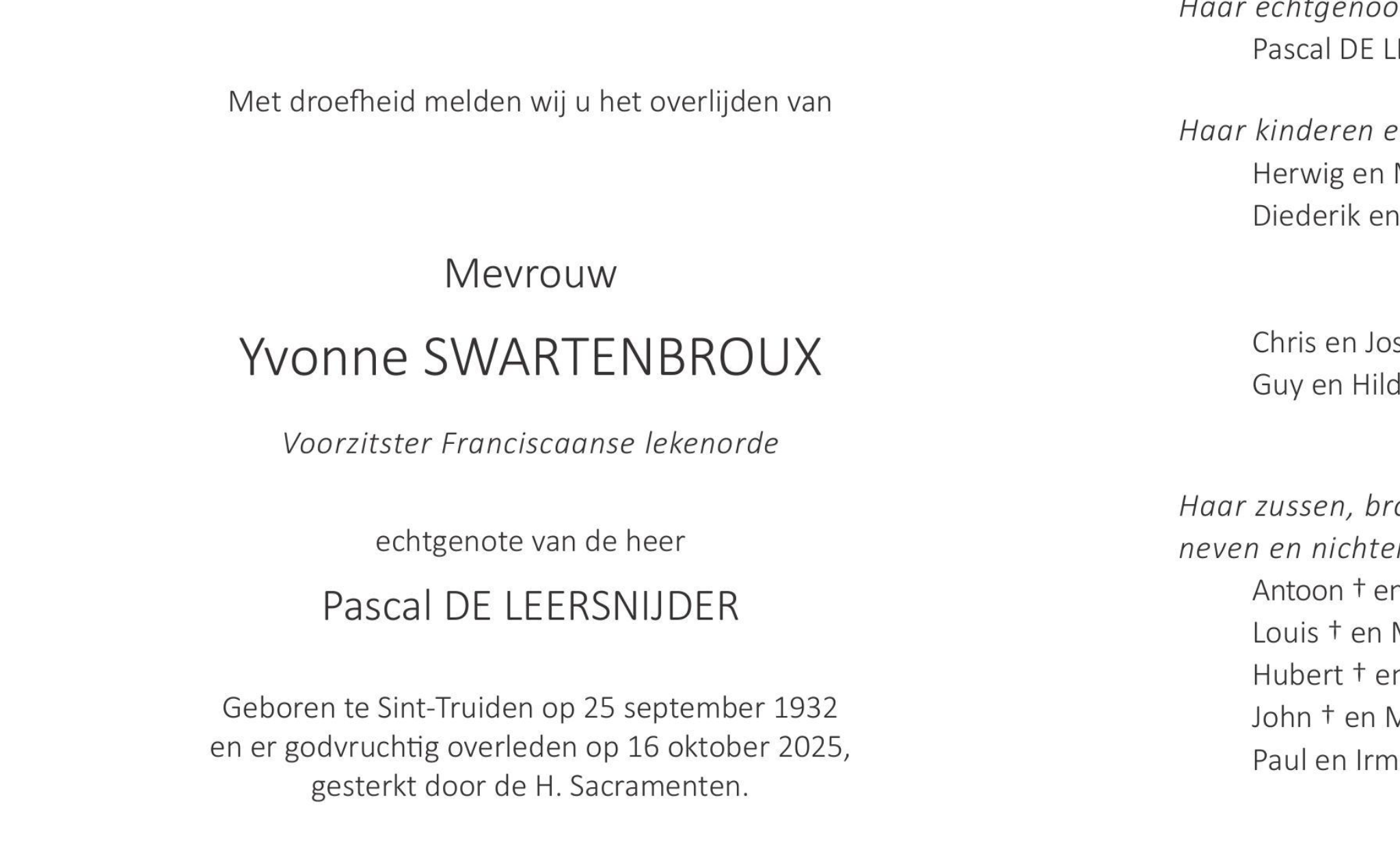 Overlijdensbericht van Yvonne SWARTENBROUX