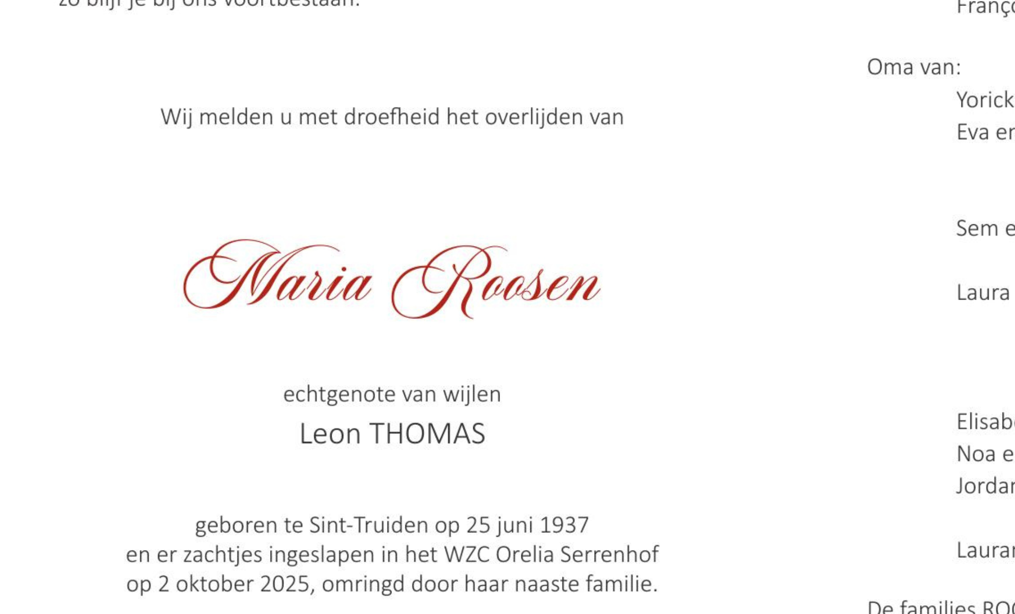 Overlijdensbericht van Maria Roosen