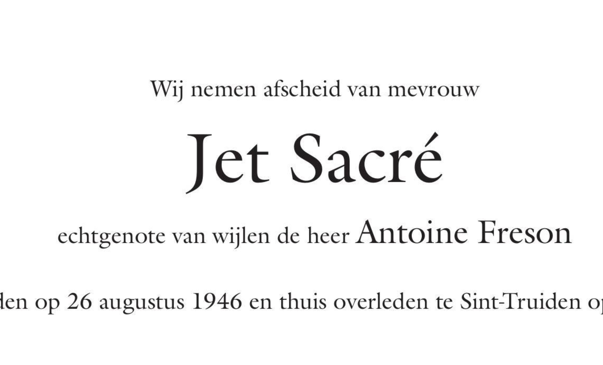 Overlijdensbericht van Jet Sacré