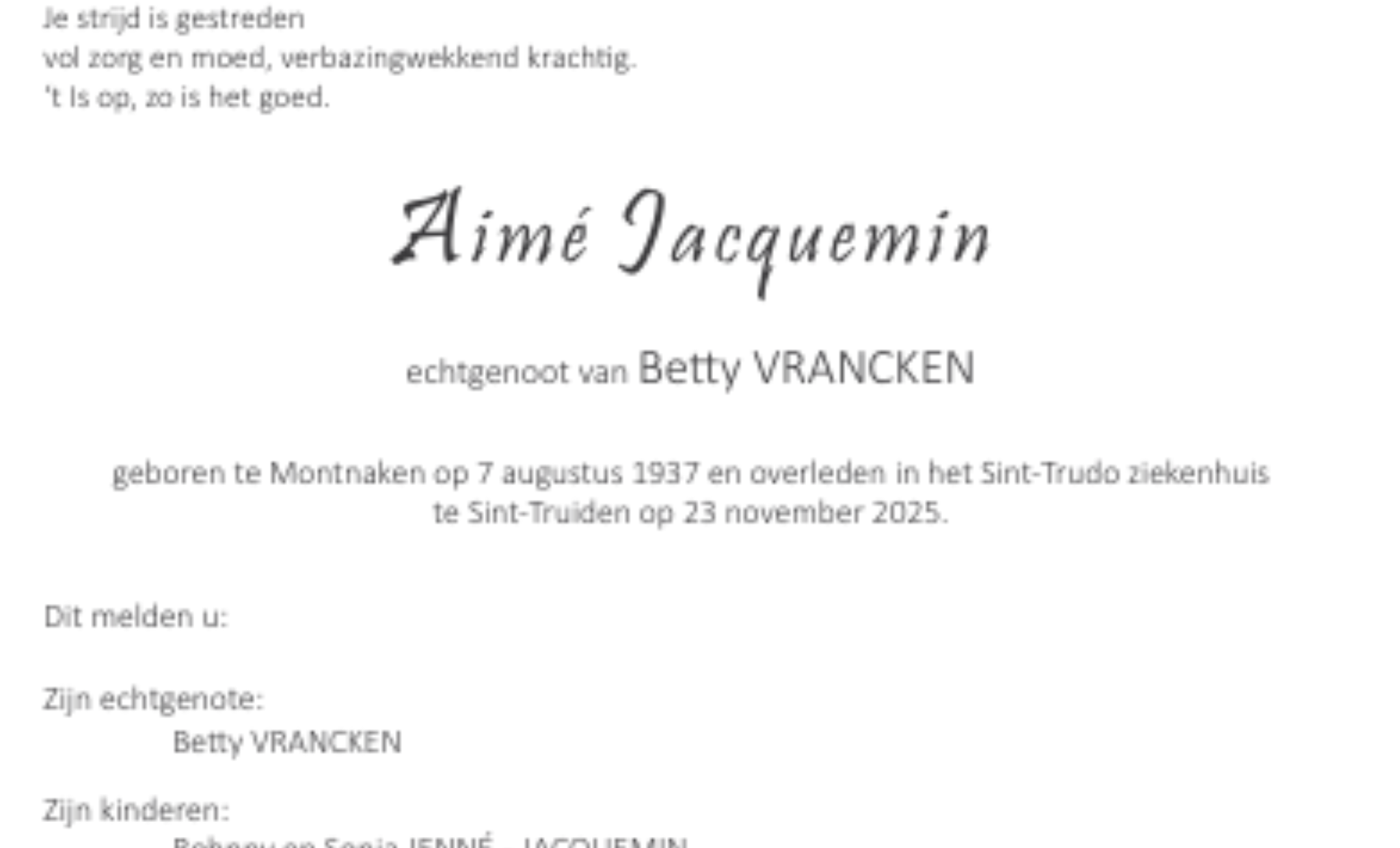 Overlijdensbericht van Aimé Jacquemin