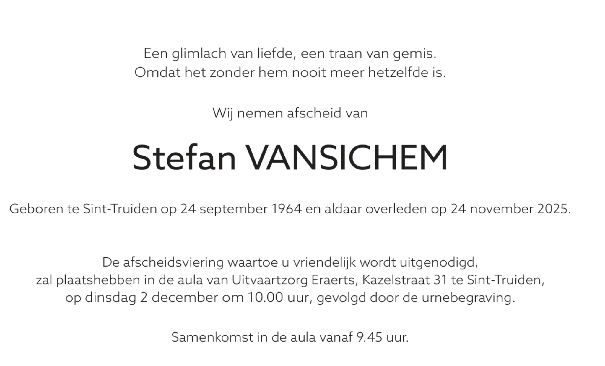 Overlijdensbericht van Stefan VANSICHEM