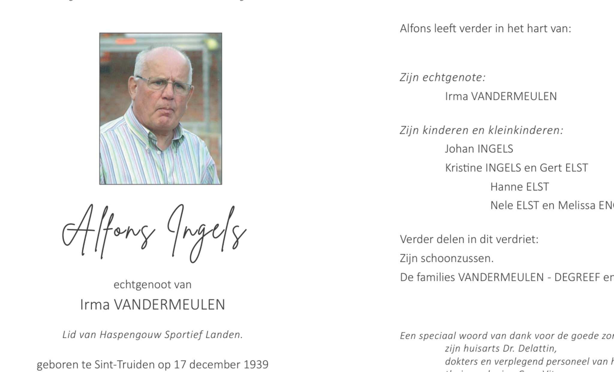 Overlijdensbericht van Alfons Ingels