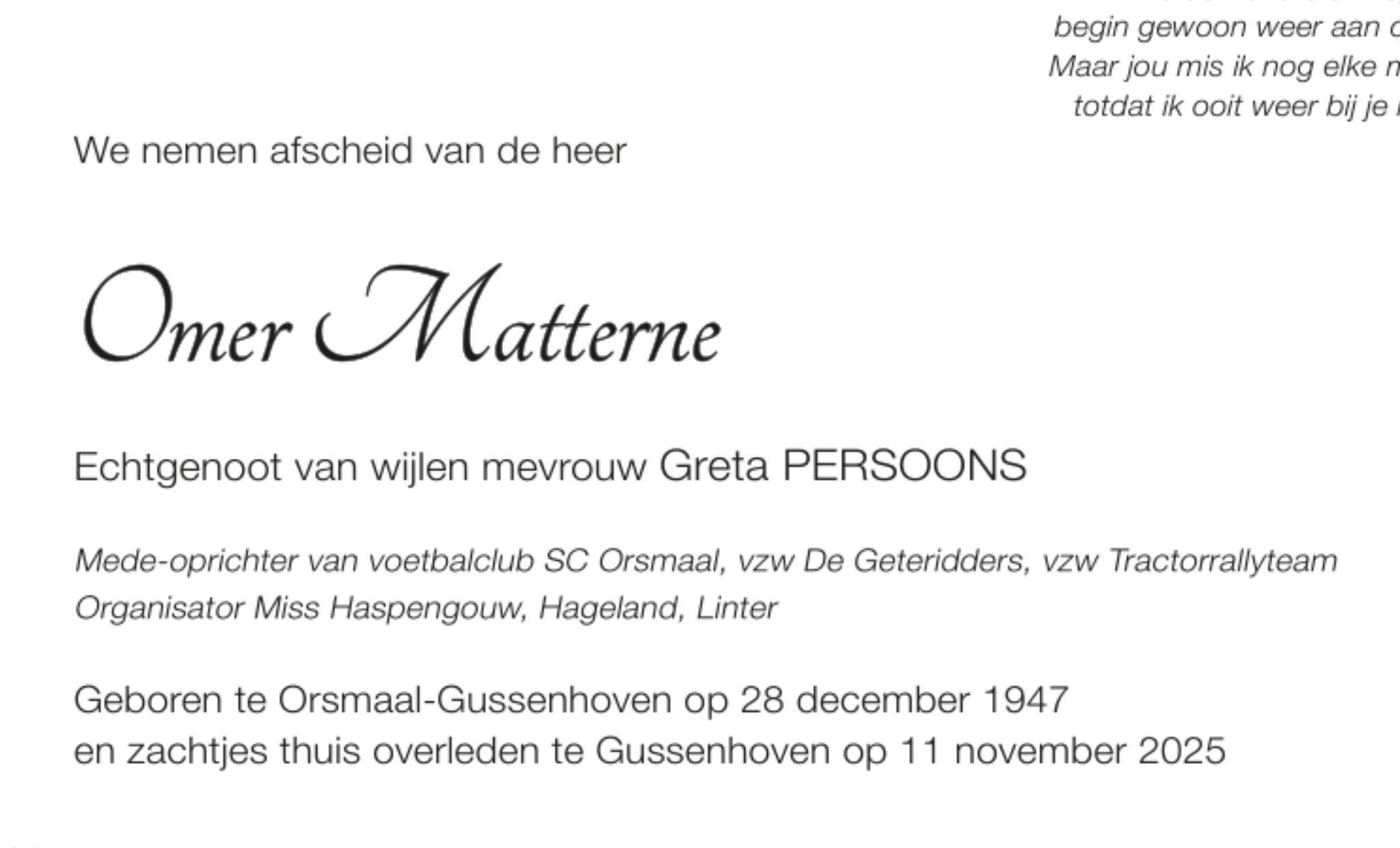 Overlijdensbericht van Omer Matterne