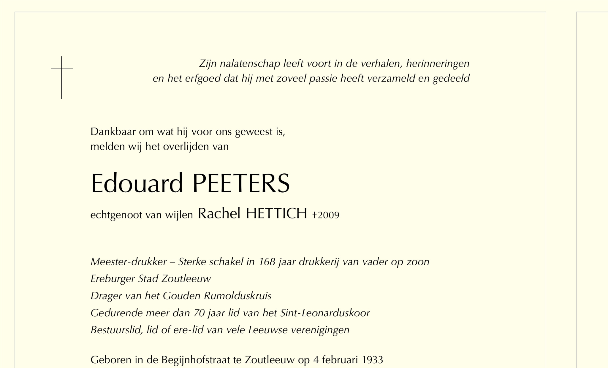 Overlijdensbericht van Edouard PEETERS