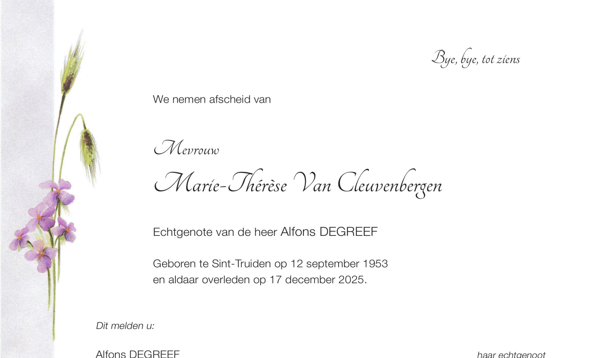 Overlijdensbericht van Marie-Thérèse Van Cleuvenbergen