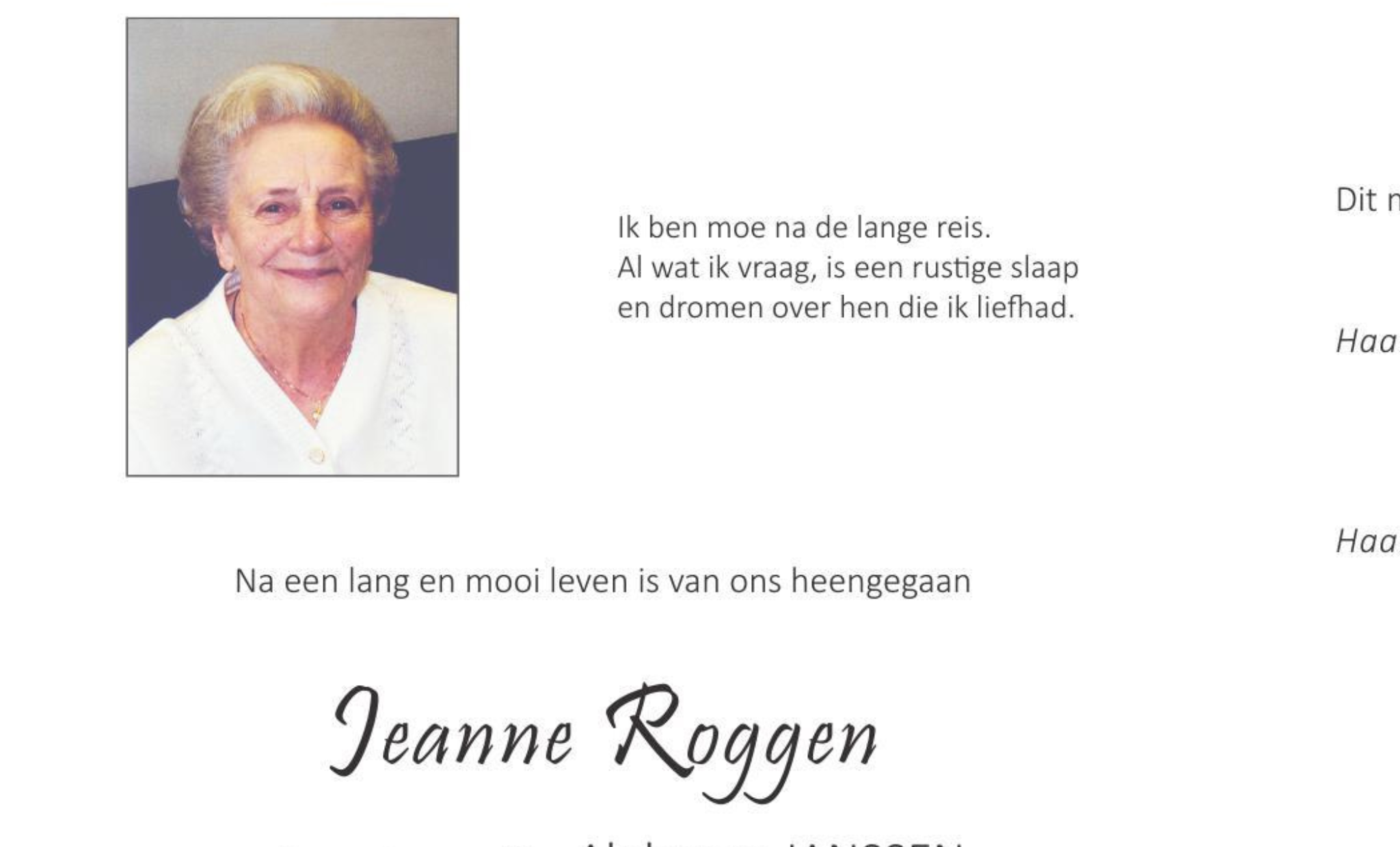 Overlijdensbericht van Jeanne Roggen