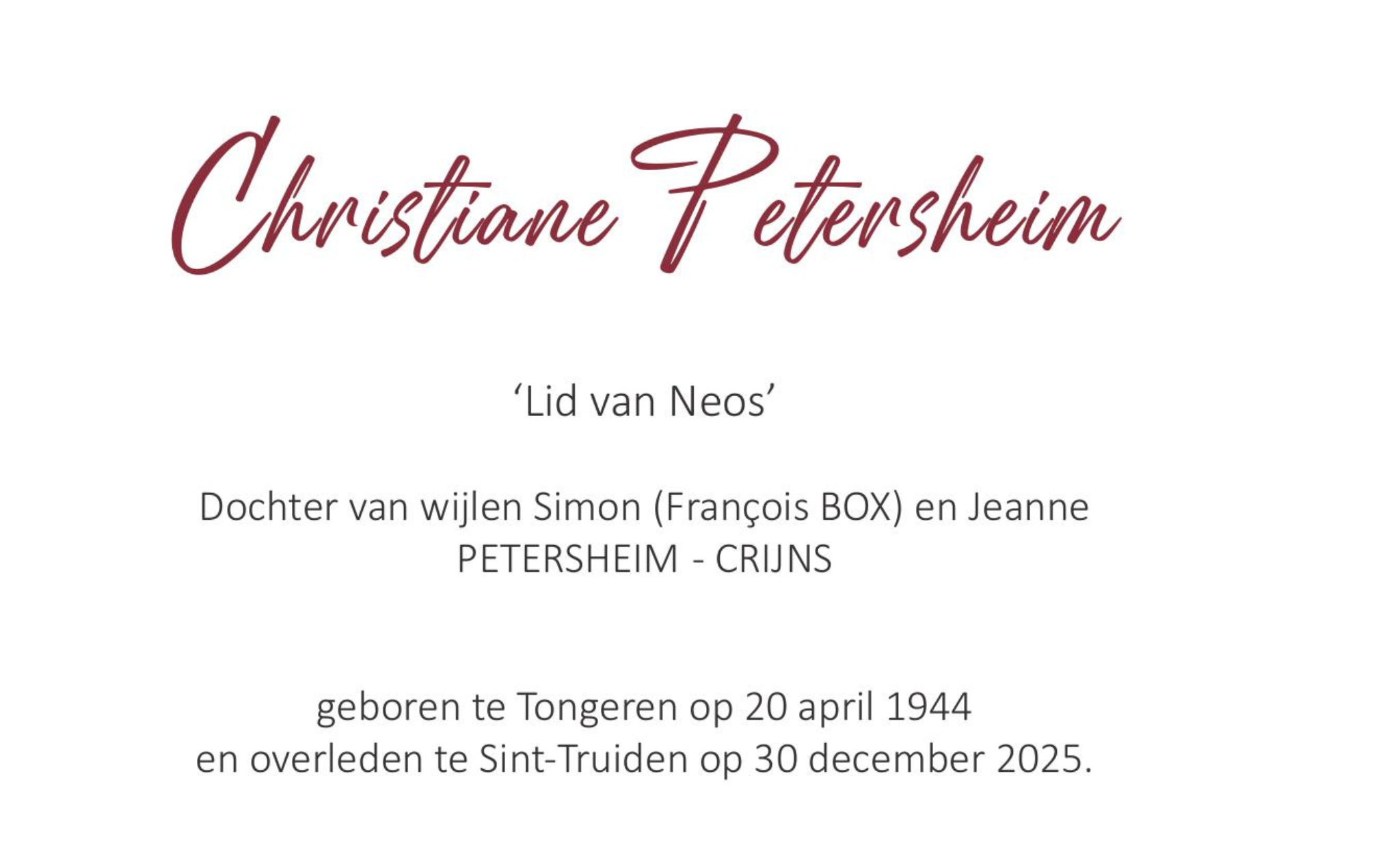 Overlijdensbericht van Christiane Petersheim