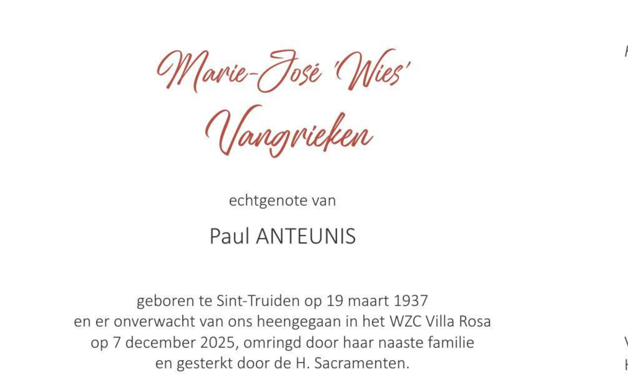Overlijdensbericht van Marie-José ‘Wies’Vangrieken