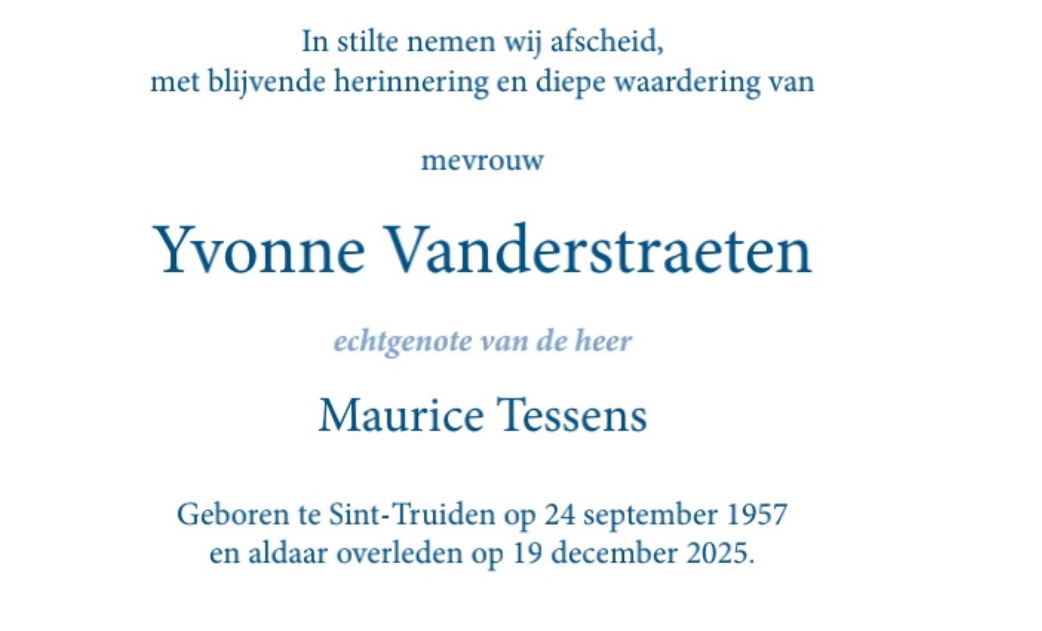Overlijdensbericht van Yvonne Vanderstraeten