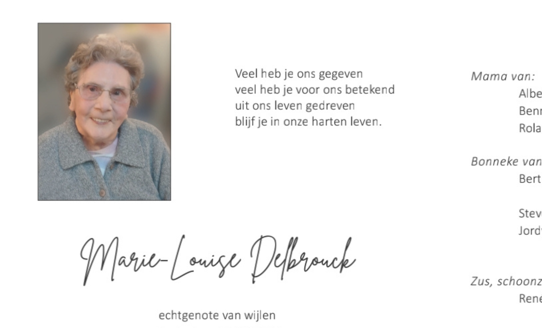 Overlijdensbericht van Marie-Louise Delbrouck