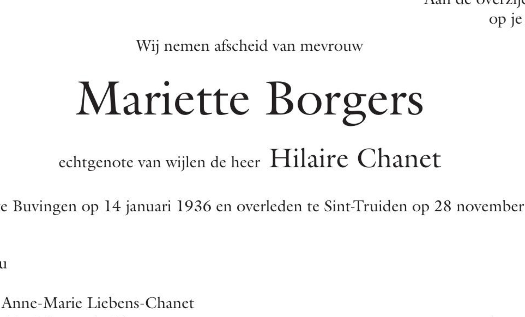 Overlijdensbericht van Mariette Borgers