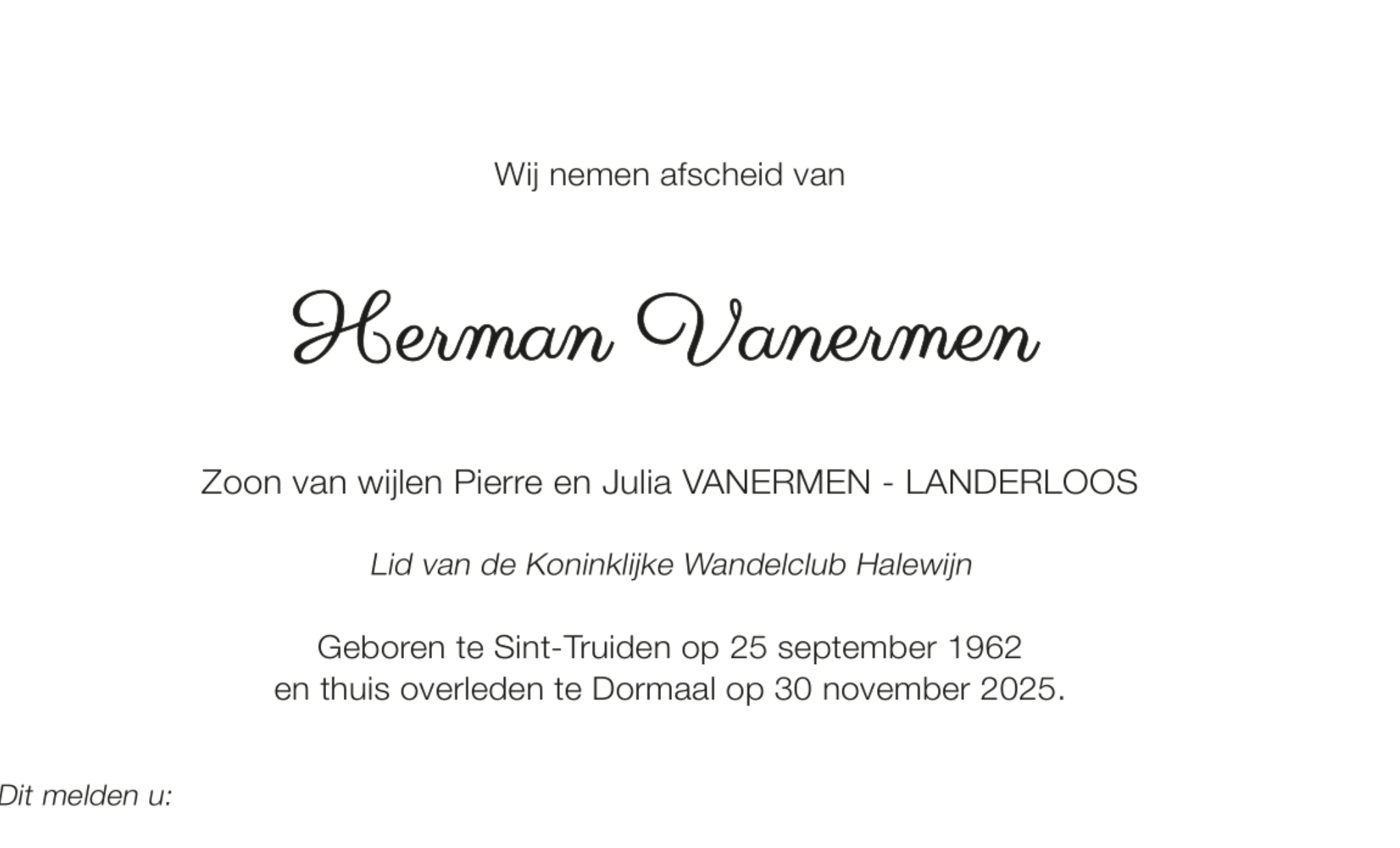 Overlijdensbericht van Herman Vanermen