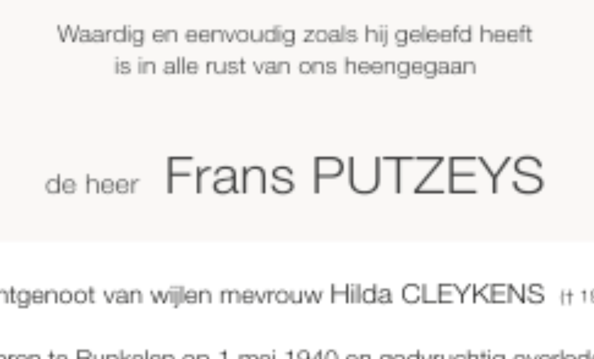 Overlijdensbericht van Frans PUTZEYS
