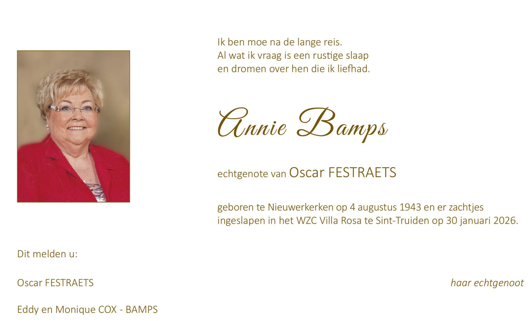 Overlijdensbericht van Annie Bamps