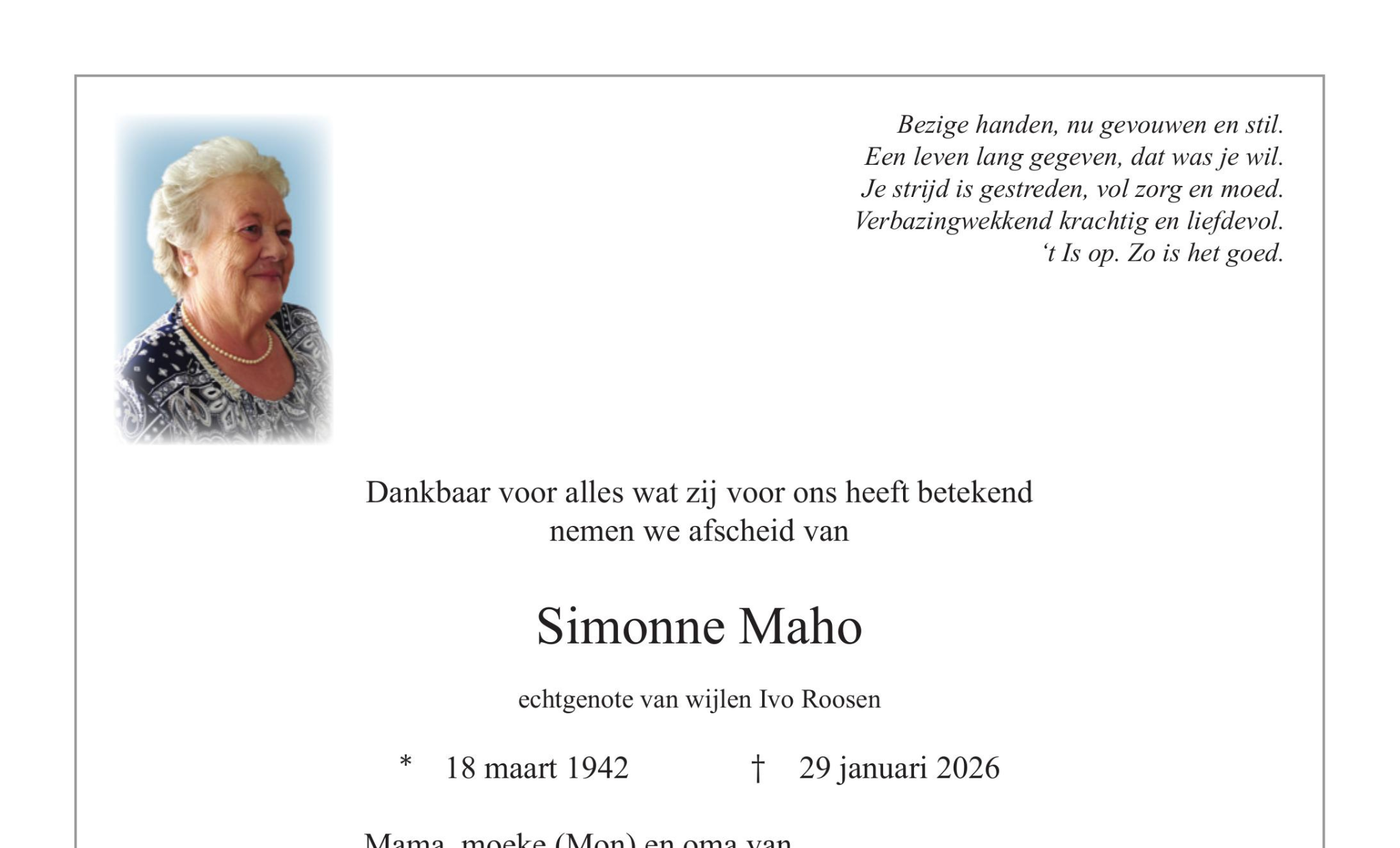 Overlijdensbericht van Simonne Maho