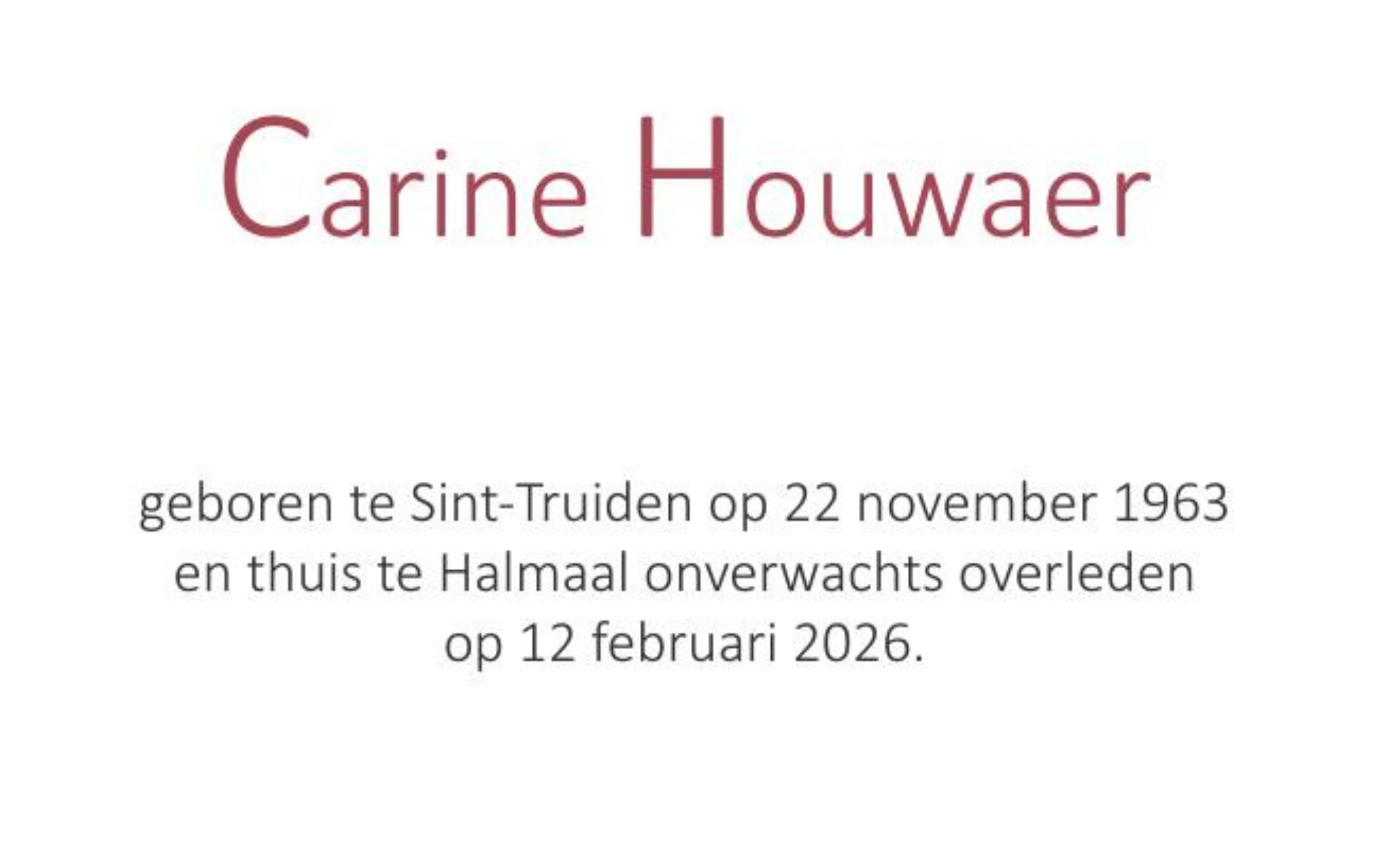 Overlijdensbericht van Carine Houwaer