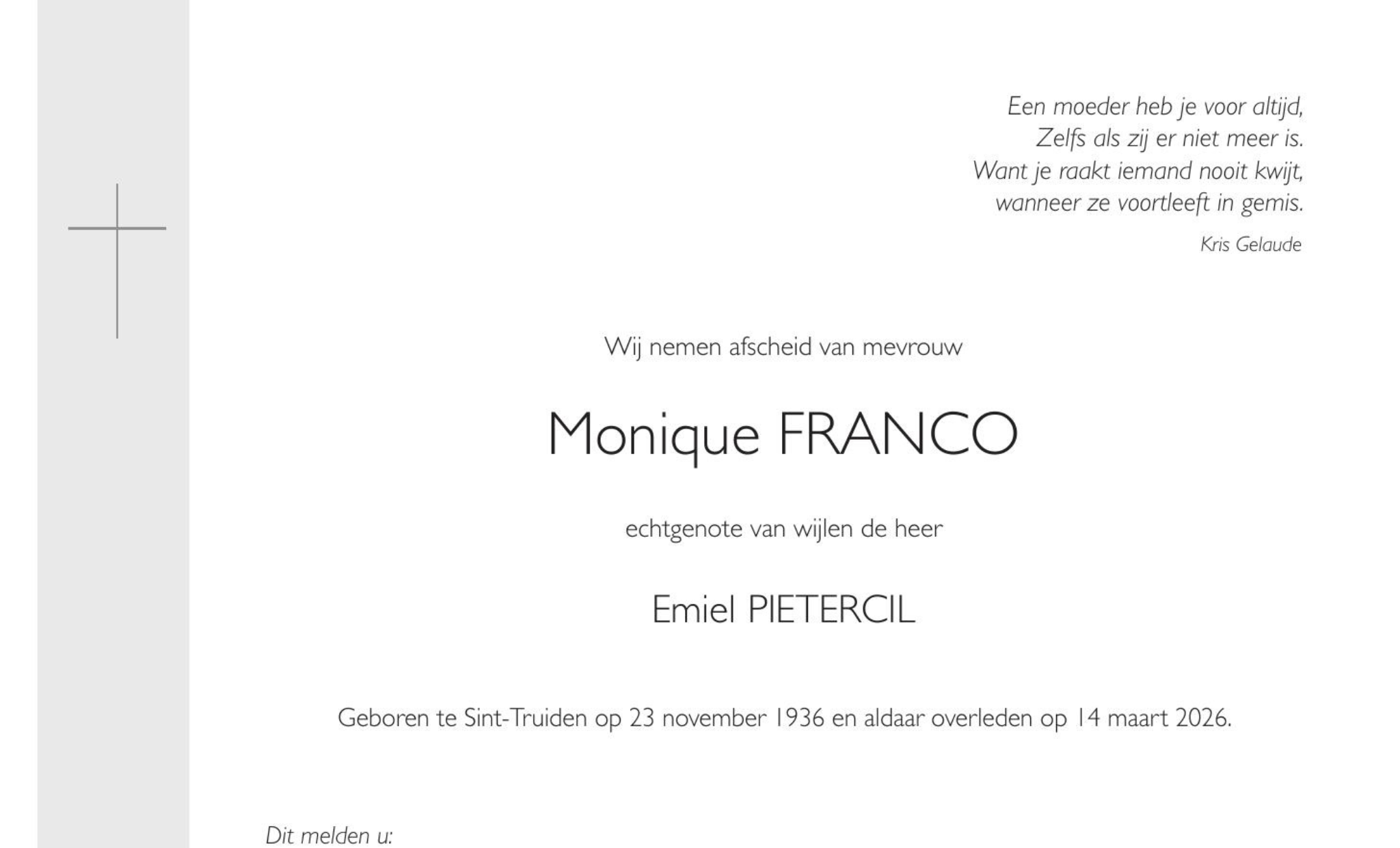 Overlijdensbericht van Monique FRANCO