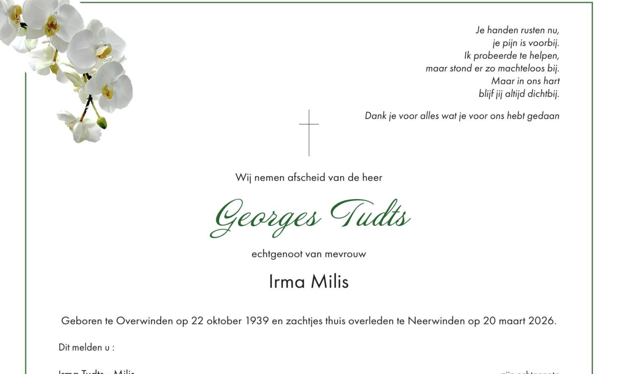 Overlijdensbericht van Georges Tudts