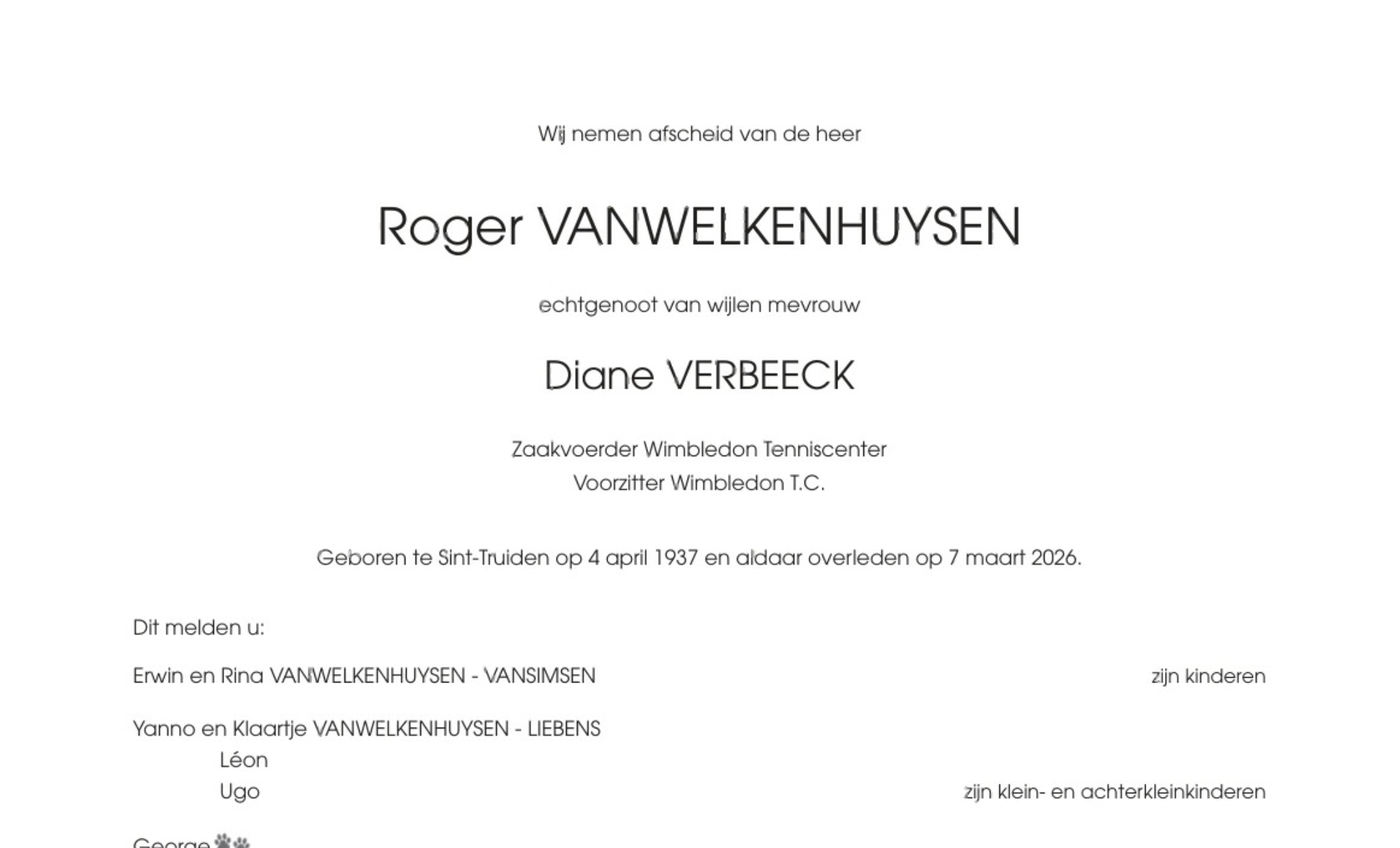 Overlijdenbsbericht van Roger VANWELKENHUYSEN