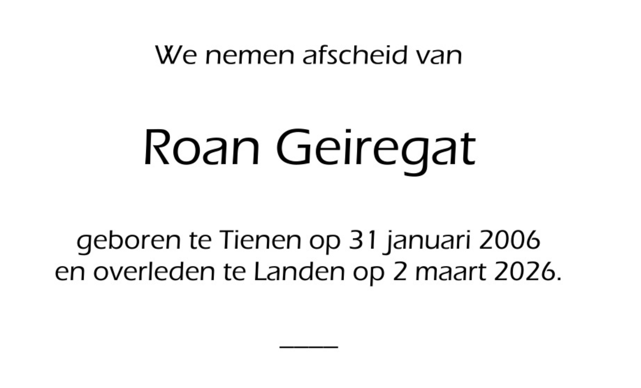 Overlijdensbericht van Roan Geiregat