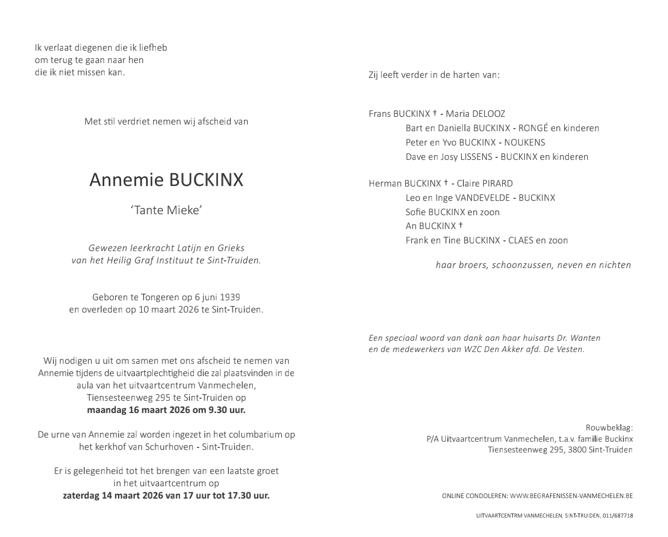 Overlijdensbericht van Annemie BUCKINX