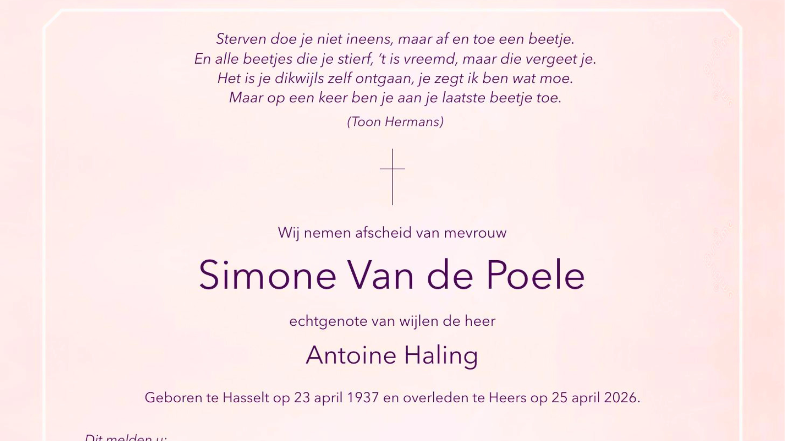 Overlijdensbericht van Simone Van de Poele