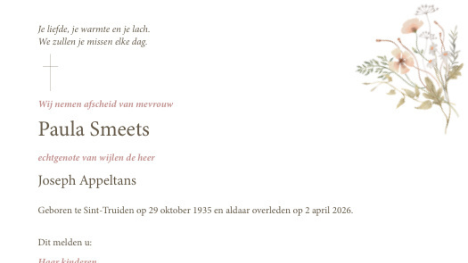 Overlijdensbericht van Paula Smeets