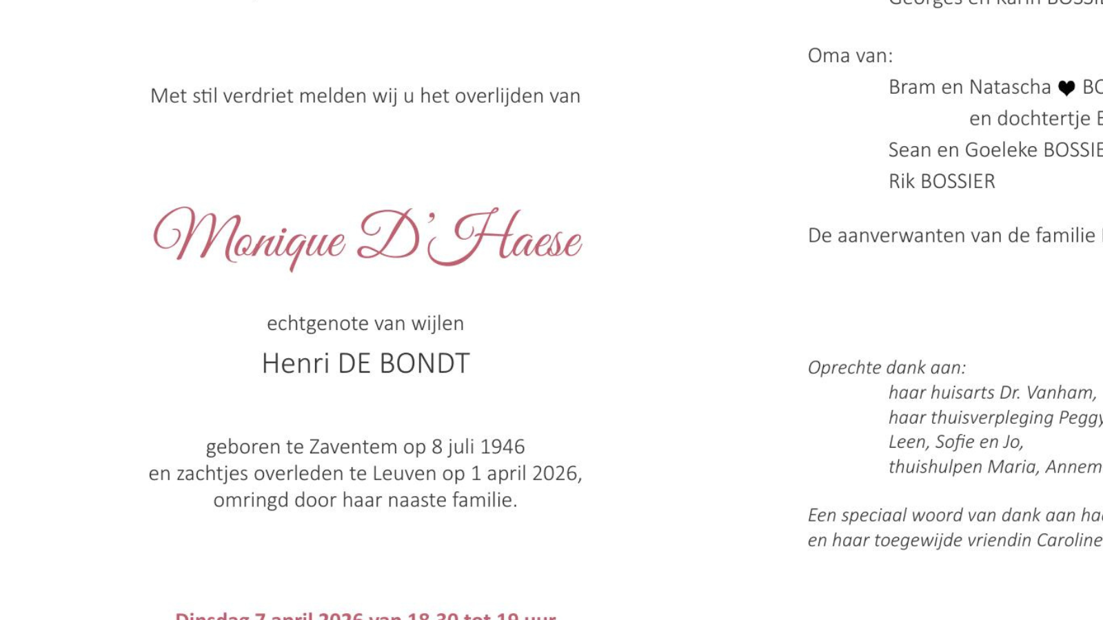 Overlijdensbericht van Monique D’Haese
