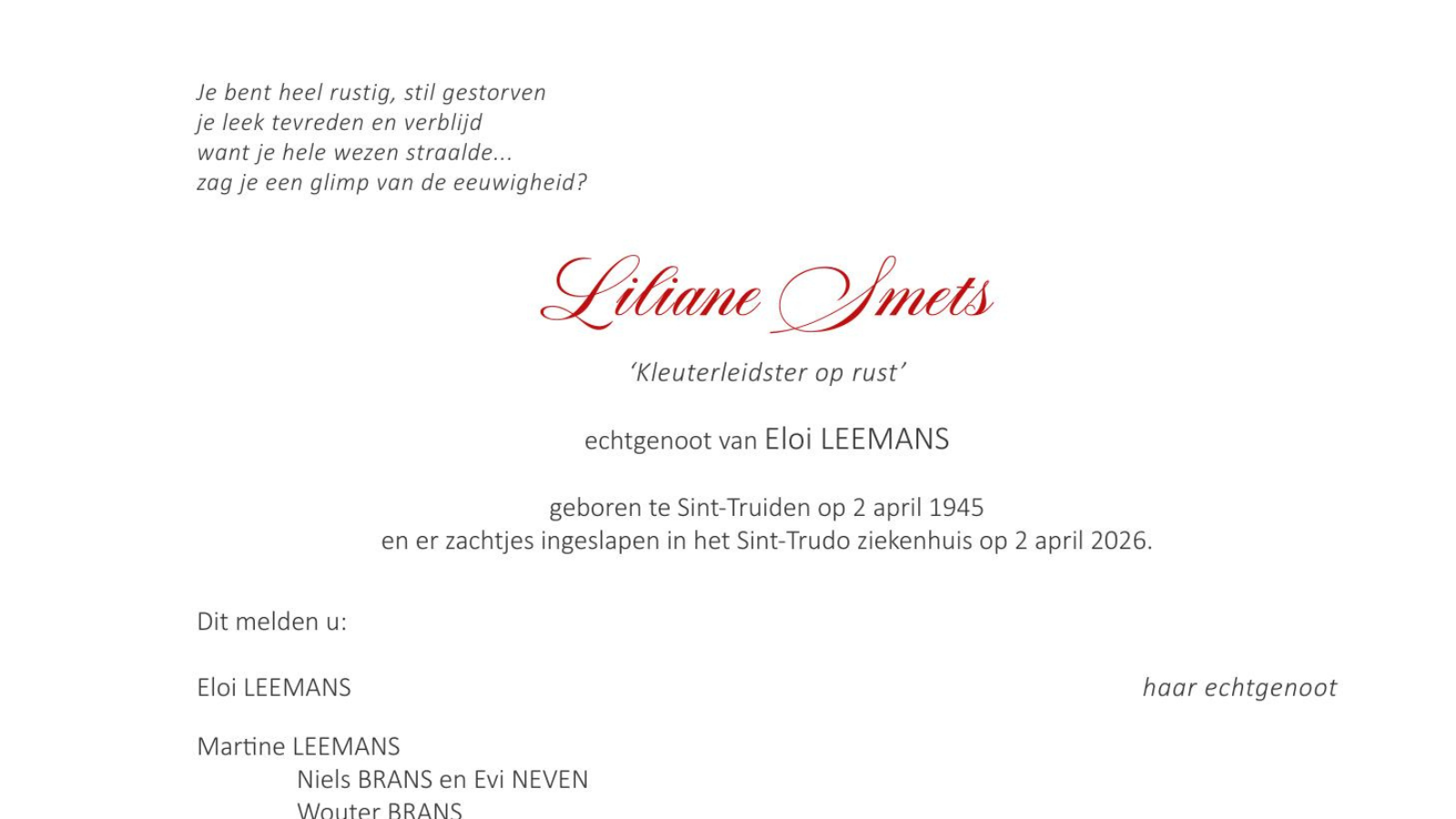 Overlijdensbericht van Liliane Smets