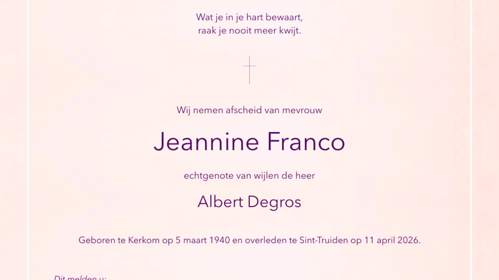 Overlijdensbericht van Jeannine Franco