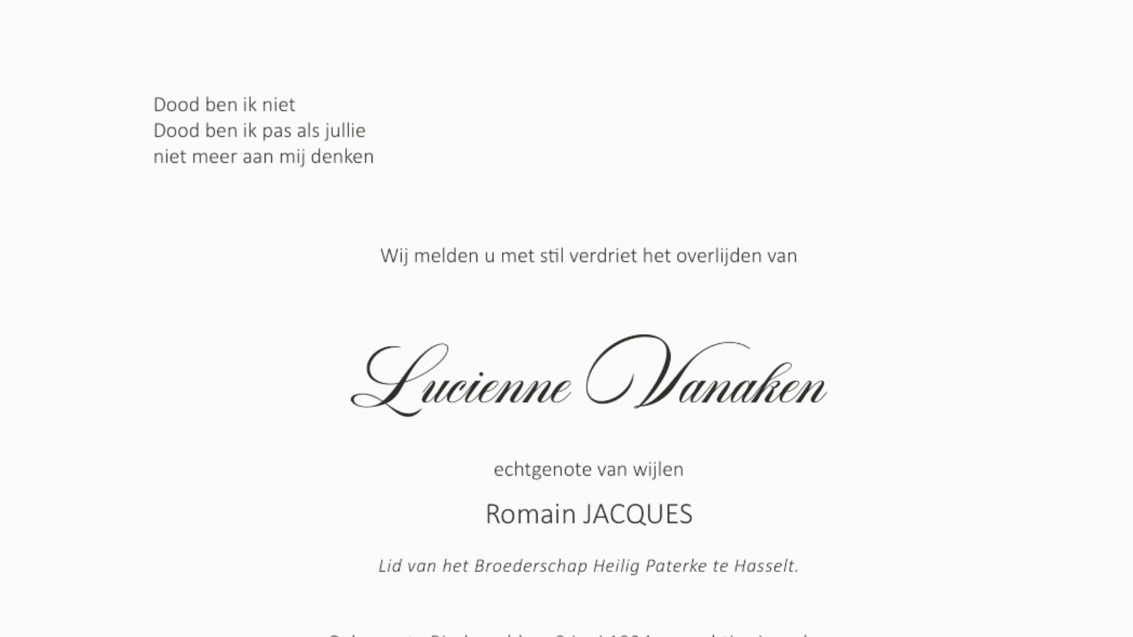 Overlijdensbericht van Lucienne Vanaken