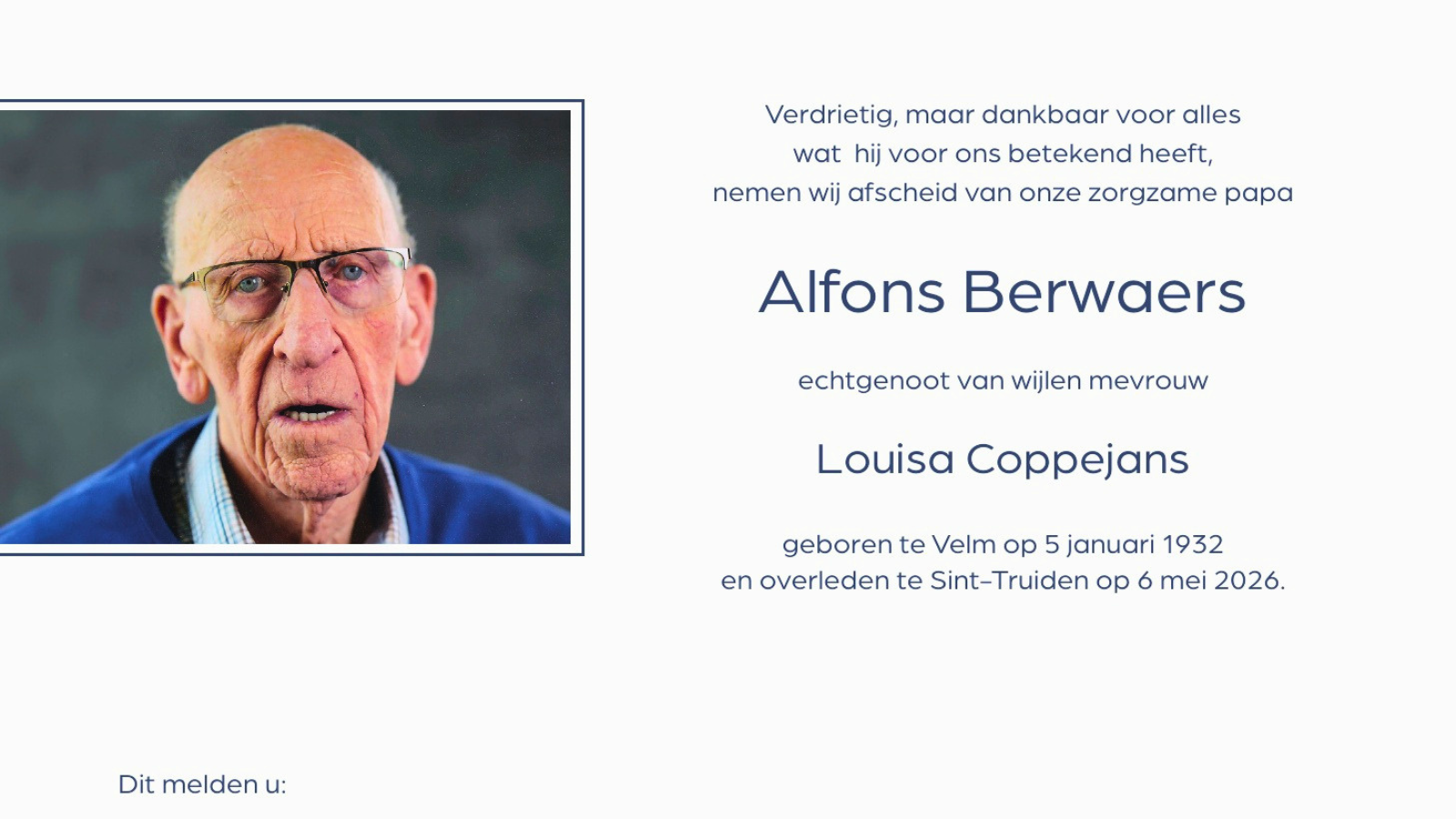 Overlijdensbericht van Alfons Berwaers