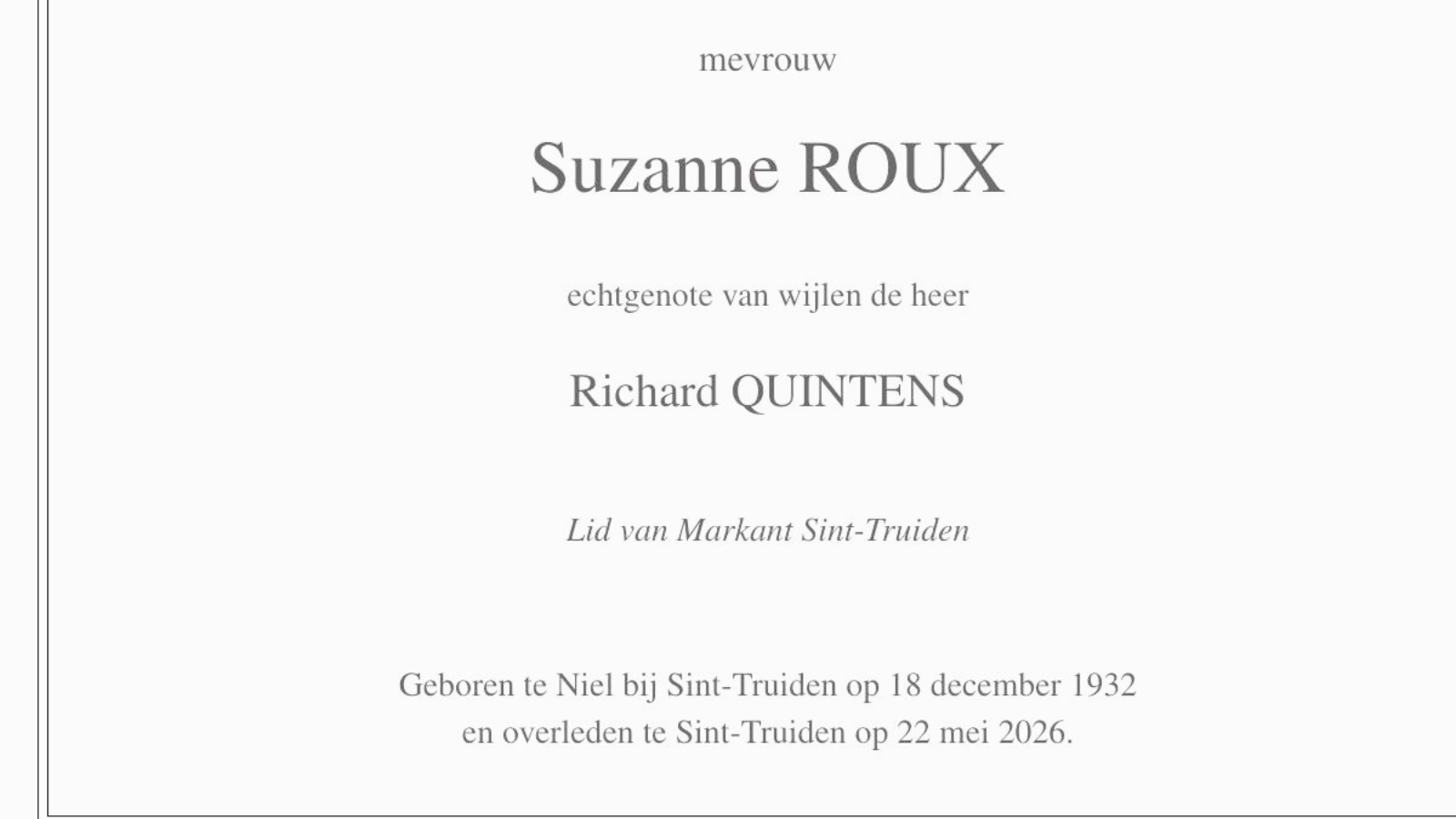Overlijdensbericht van Suzanne ROUX