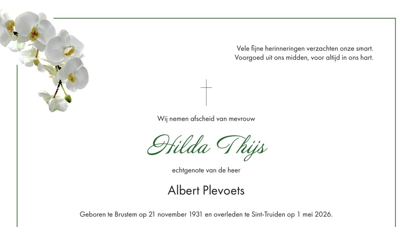 Overlijdensbericht van Hilda Thijs
