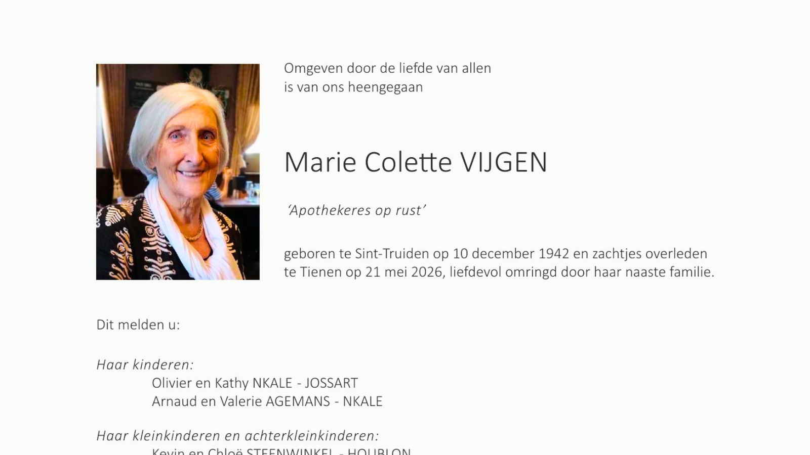 Overlijdensbericht van Marie Colette VIJGEN