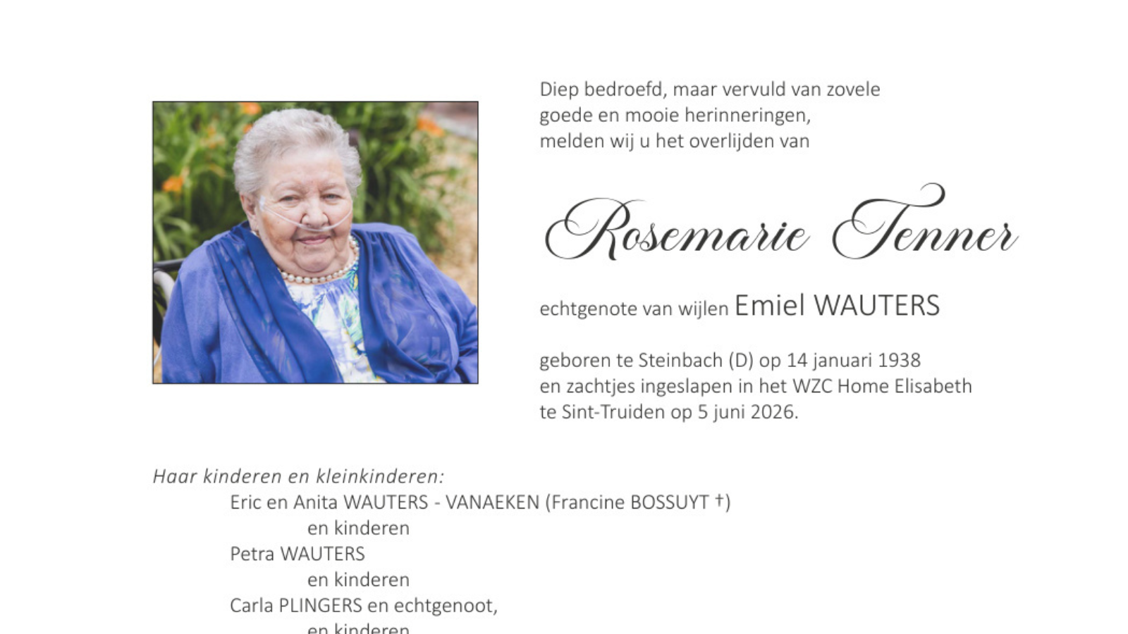 Overlijdensbericht van Rosemarie Tenner