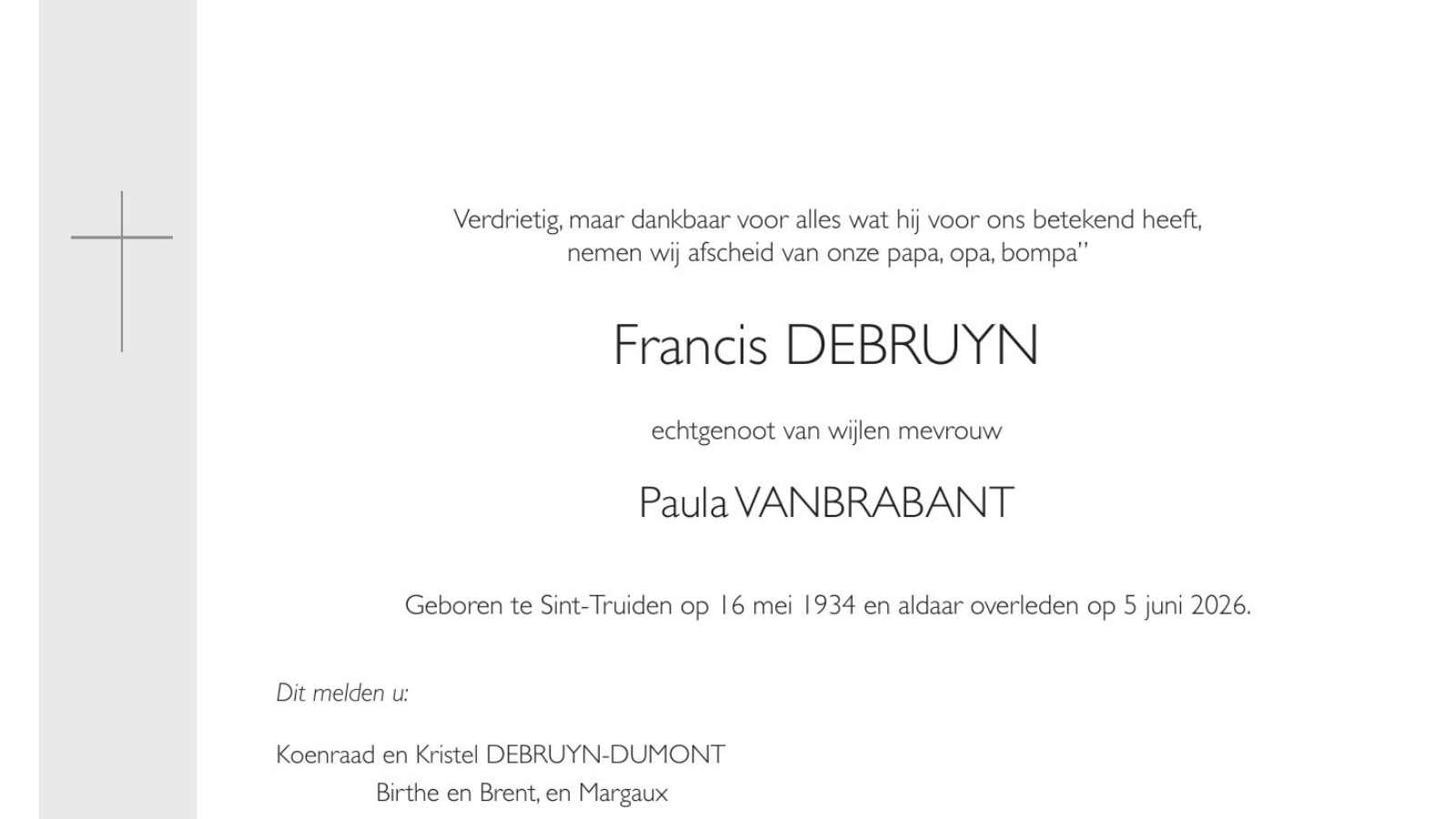 Overlijdensbericht van Francis DEBRUYN