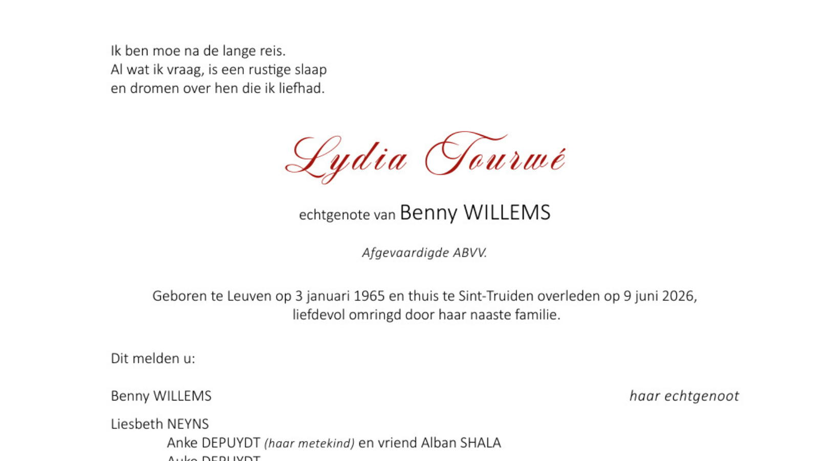 Overlijdensbericht van Lydia Tourwé