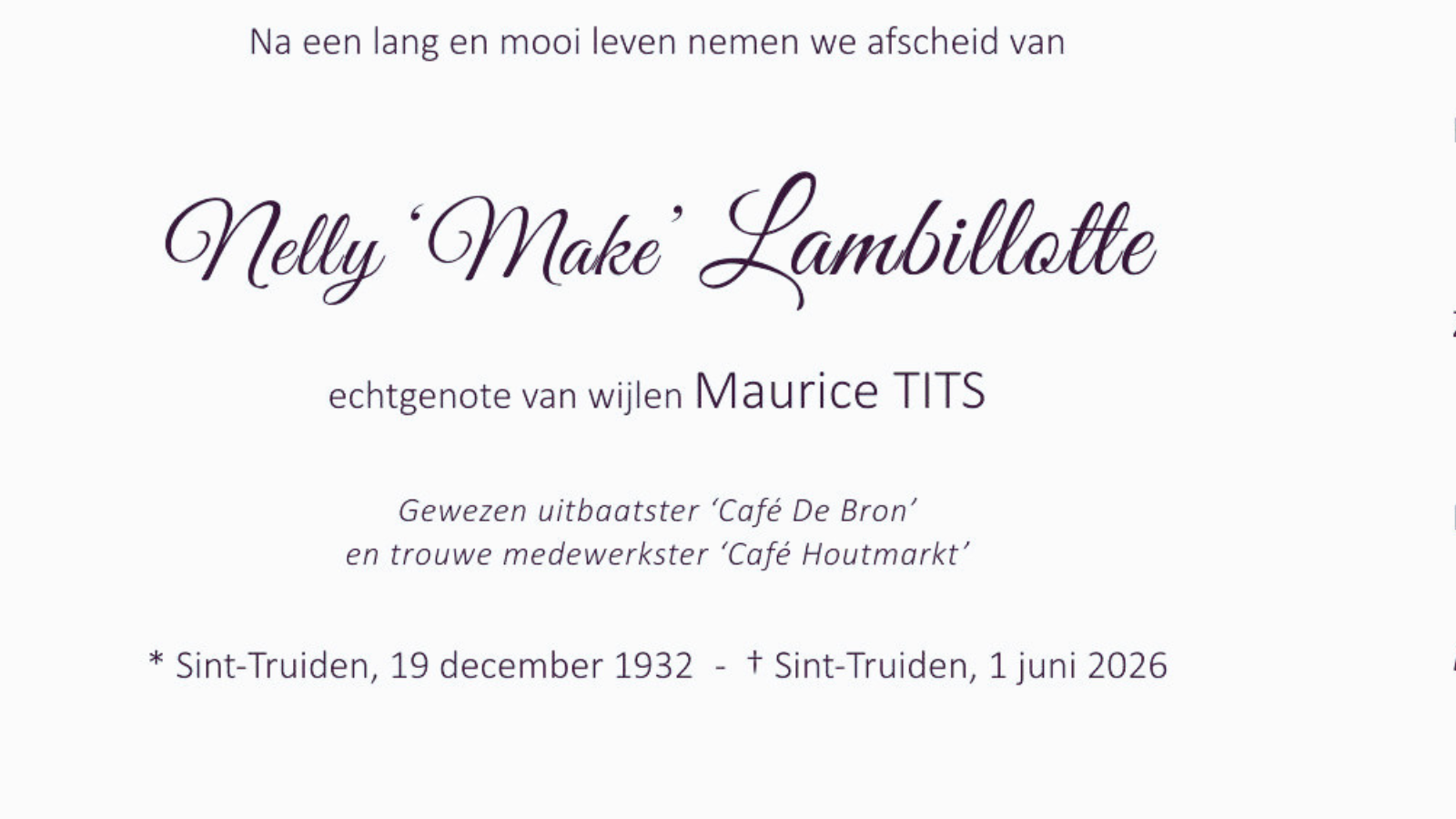 Overlijdensbericht van Nelly ‘Make’ Lambillotte