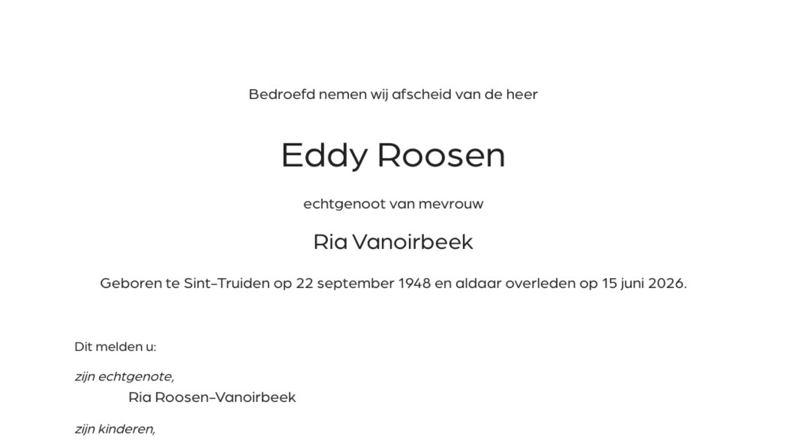 Overlijdensbericht van Eddy Roosen
