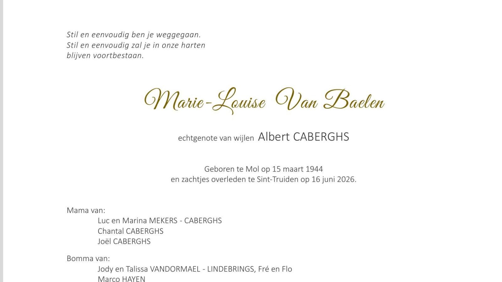 Overlijdensbericht van Marie-Louise Van Baelen