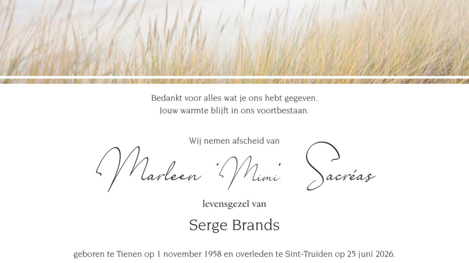 Overlijdensbericht van Marleen ‘Mimi‘’ Sacréas