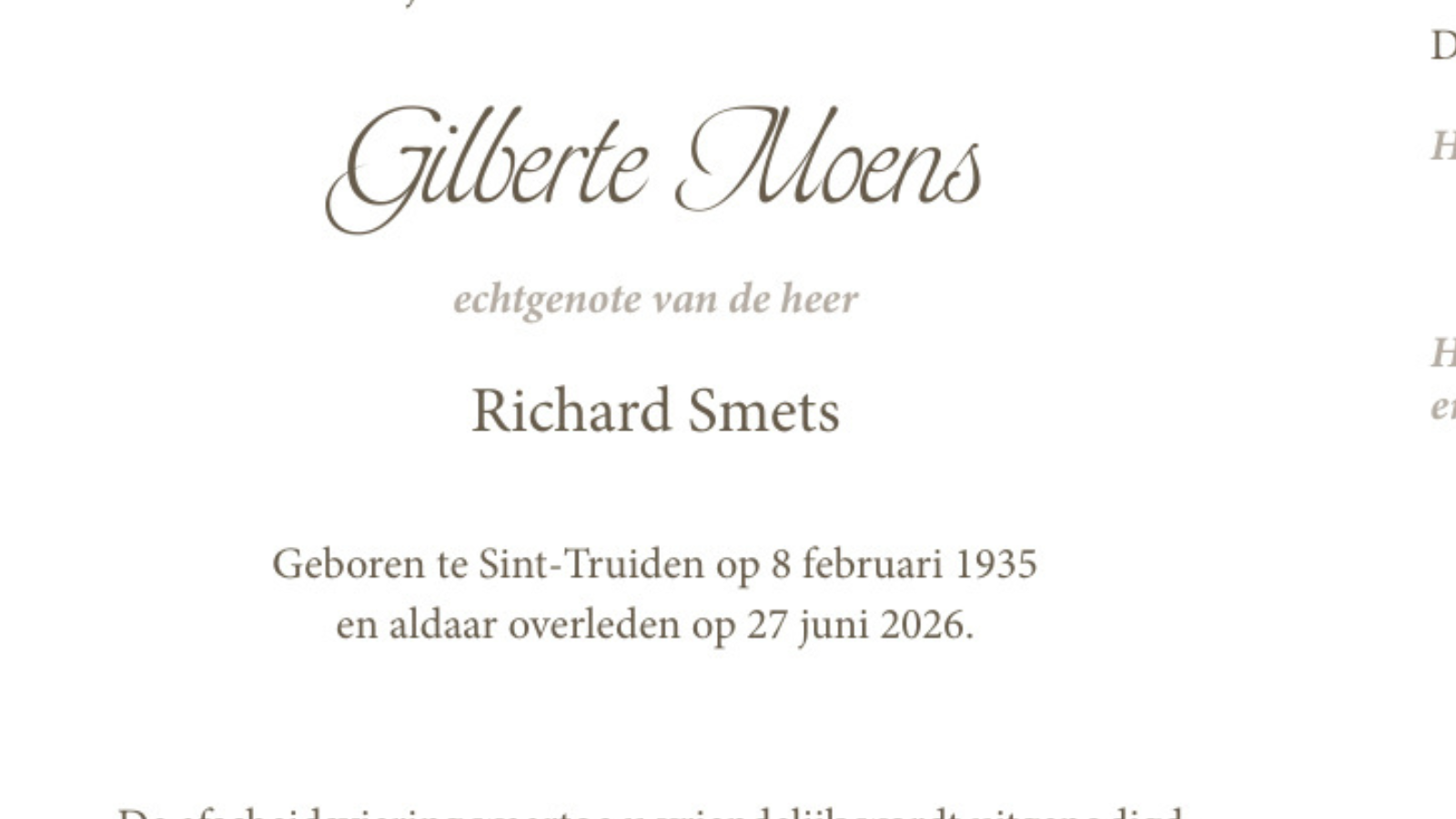 Overlijdensbericht van Gilberte Moens