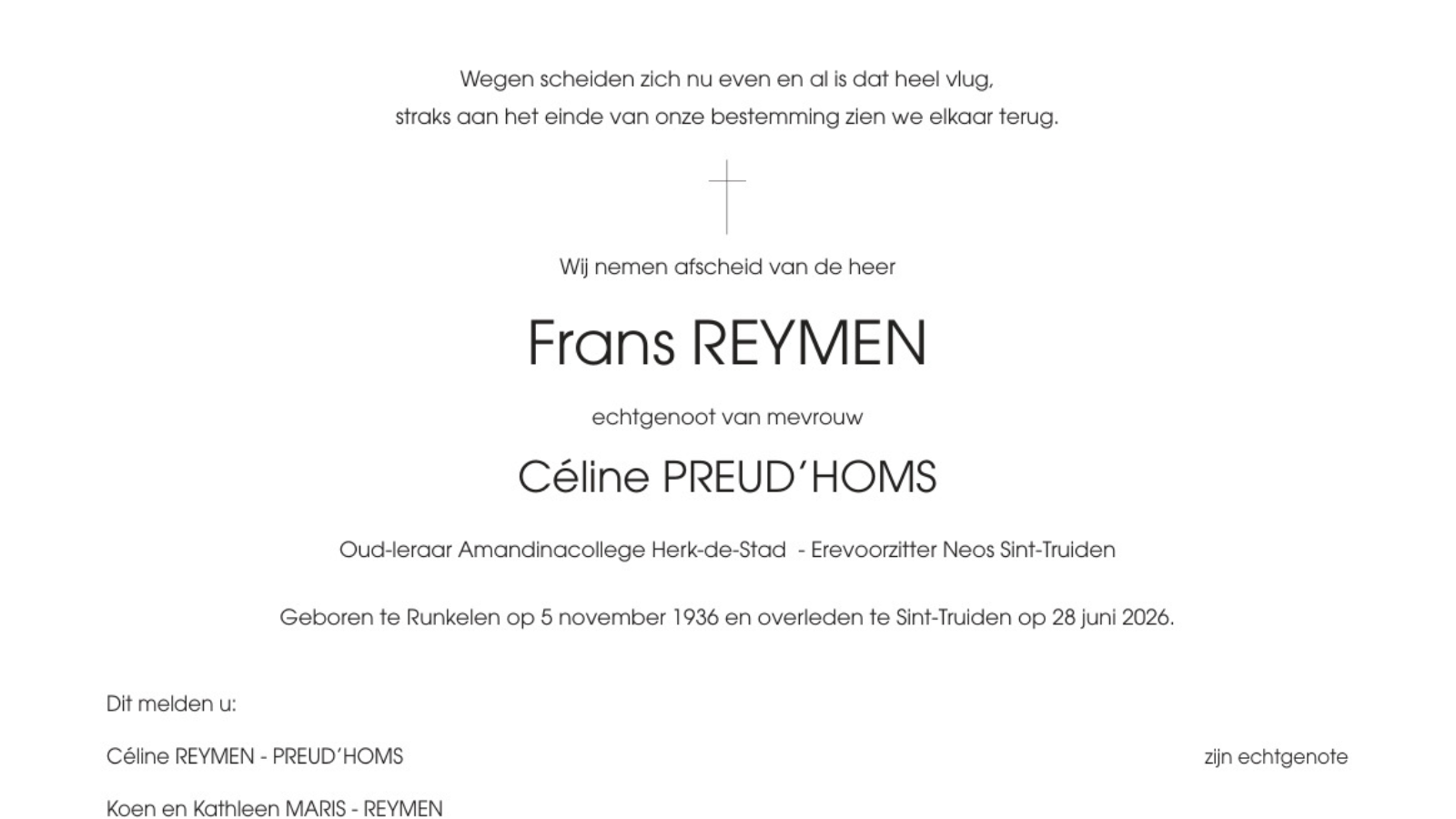 Overlijdensbericht van Frans REYMEN